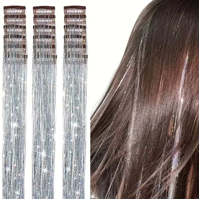 18 Pcs Silver Clip-In Hair Tinsel Extension